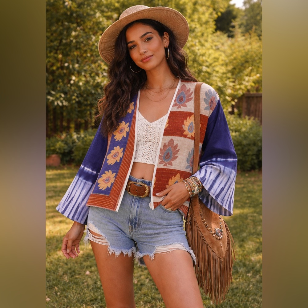 ✨Handmade Boho Kantha Quilt Jacket with Tie Dye Bell Sleeves One of a Kind ✨